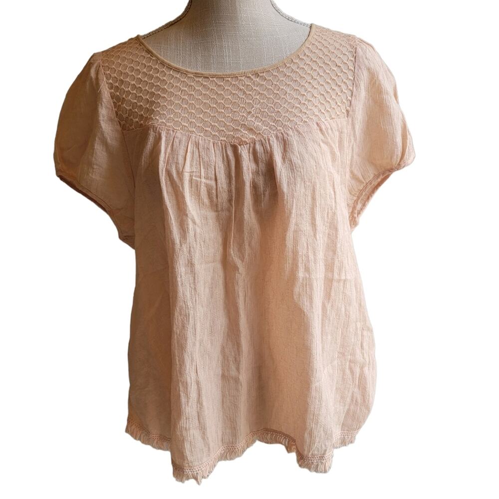 Free People Peach Honeycomb Mesh Fringe Hem Blouse Size Small